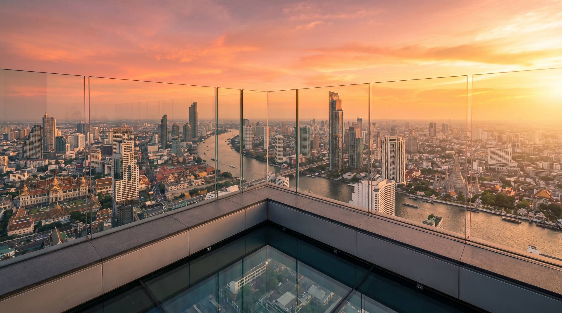 Mahanakhon SkyWalk panoramic view of Bangkok at golden hour