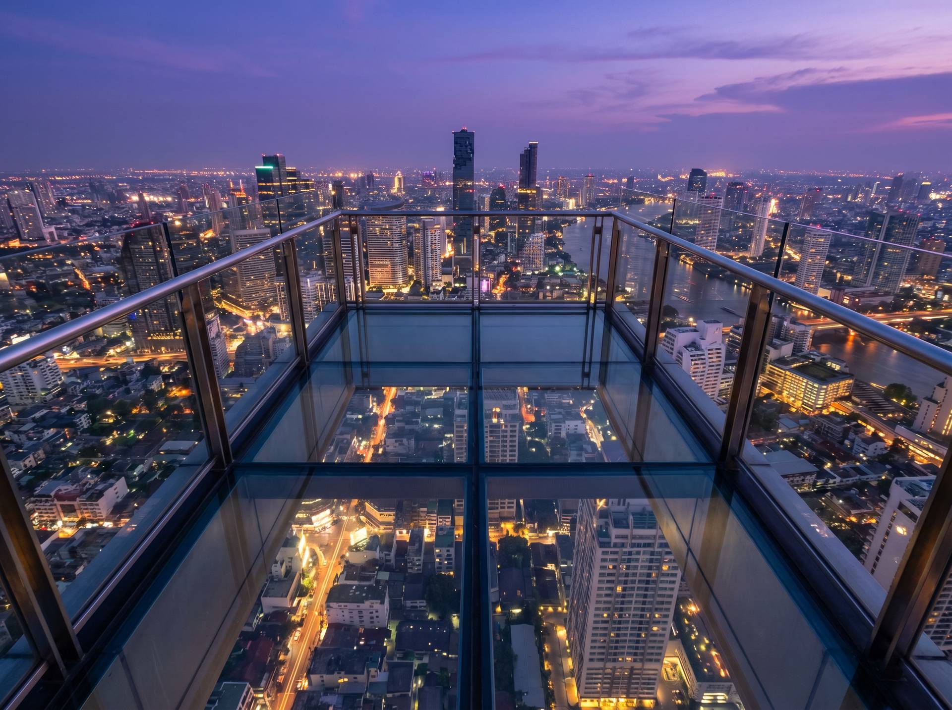 Glass tray rooftop observation deck at night